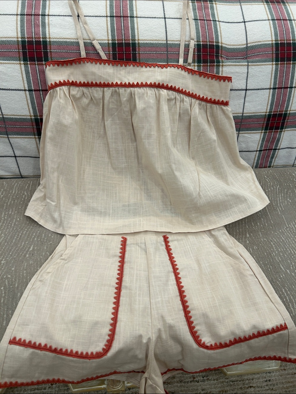 SHEIN Cream Two-Piece Tank & Shorts Set with deep orange Trim